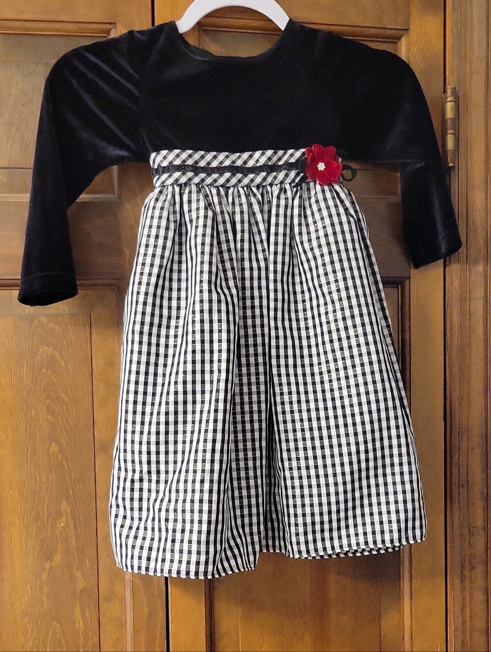 Girls Black Velvet & Black-White Gingham Dress with Red Flower
